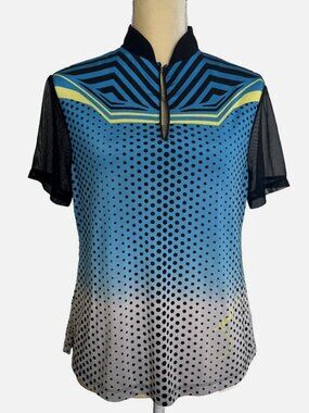 JAMIE SADOCK Aqua Blue Polka Dots Top Medium Mesh Short Sleeves